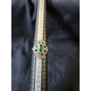 Silver Marcasite And Green Stone Statement Regency Bridgerton Style Ring Size 9